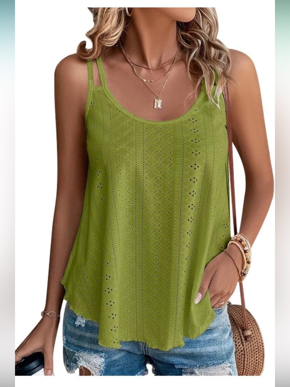 Sleeveless Eyelet Knit Tank Top in Olive Green